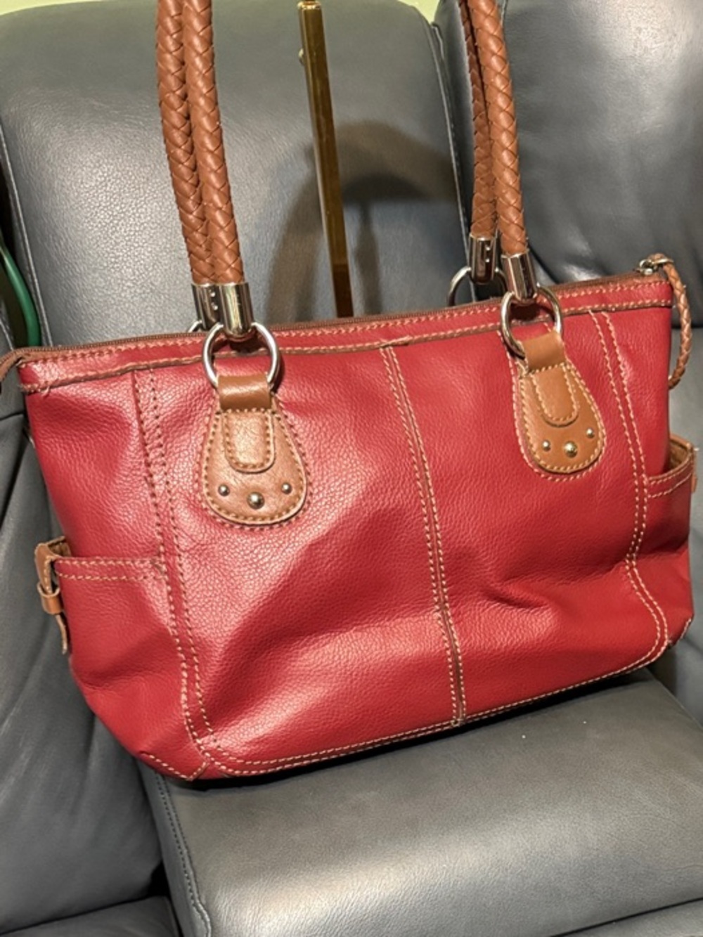 Relic Red Leather Tote with Brown Trim